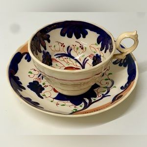 19th Century Antique Gaudy Welsh Grape & Lily Pattern Teacup and Saucer Set
